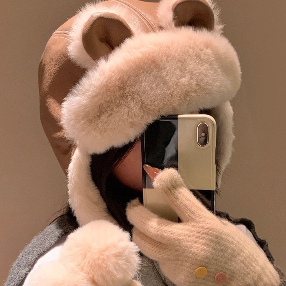 Trapper Hat Ear Flap - Cozy Faux Leather Bear Ear Trapper